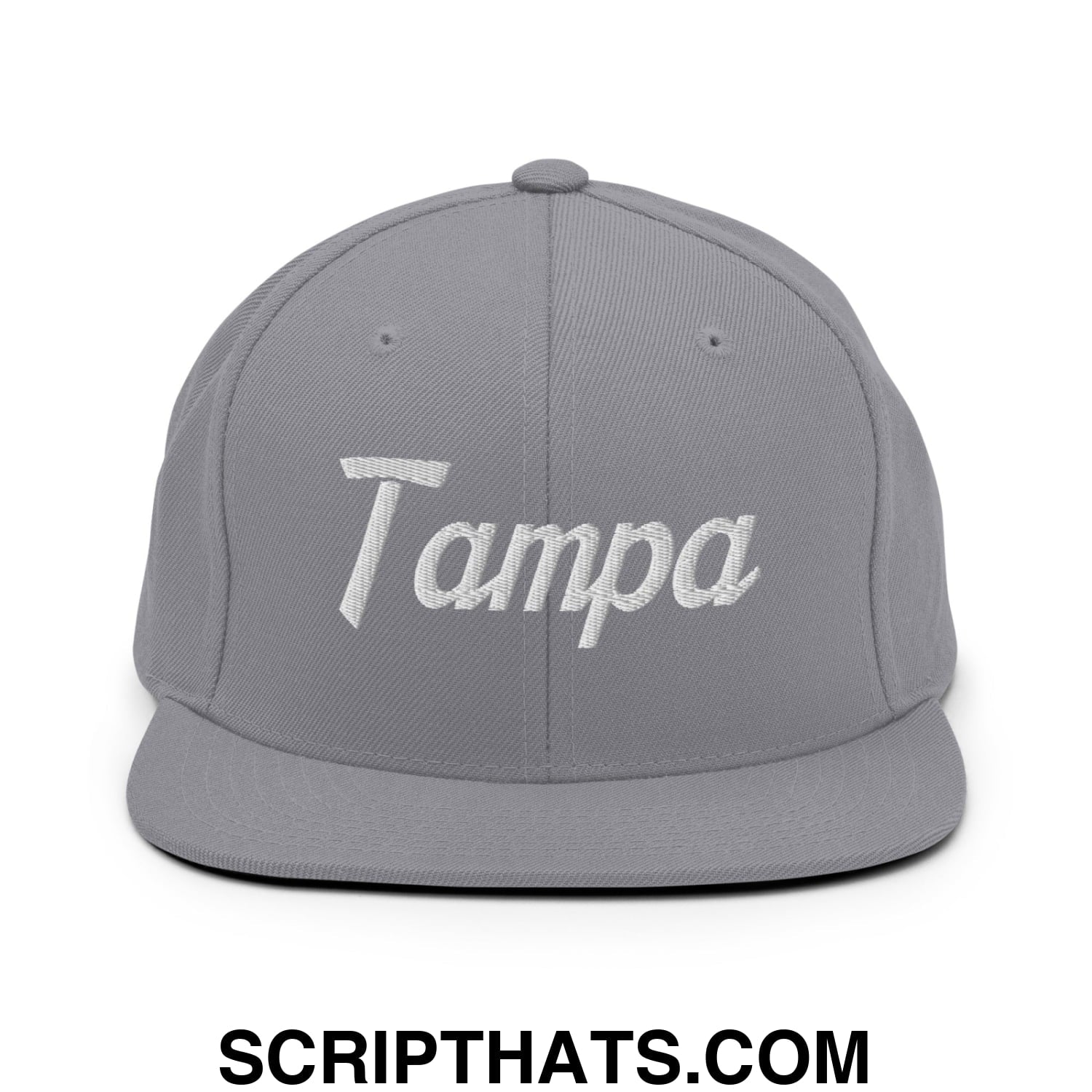 Tampa Vintage Sports Script Embroidered Flat Bill Brim Snapback Hat Silver