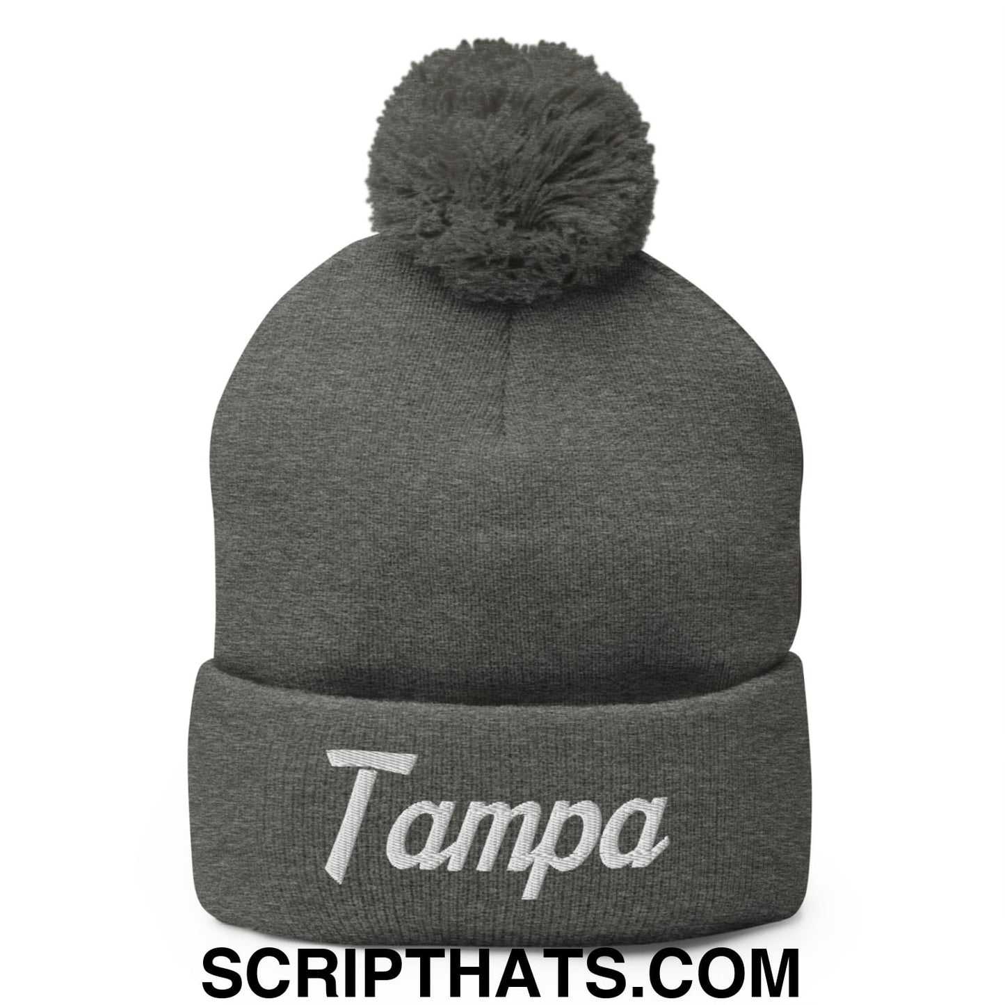 Tampa Vintage Sports Script Embroidered Knit Pom Pom Beanie Dark Heather Grey