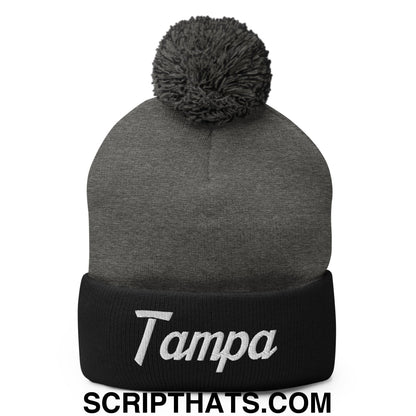 Tampa Vintage Sports Script Embroidered Knit Pom Pom Beanie Dark Heather Grey Black