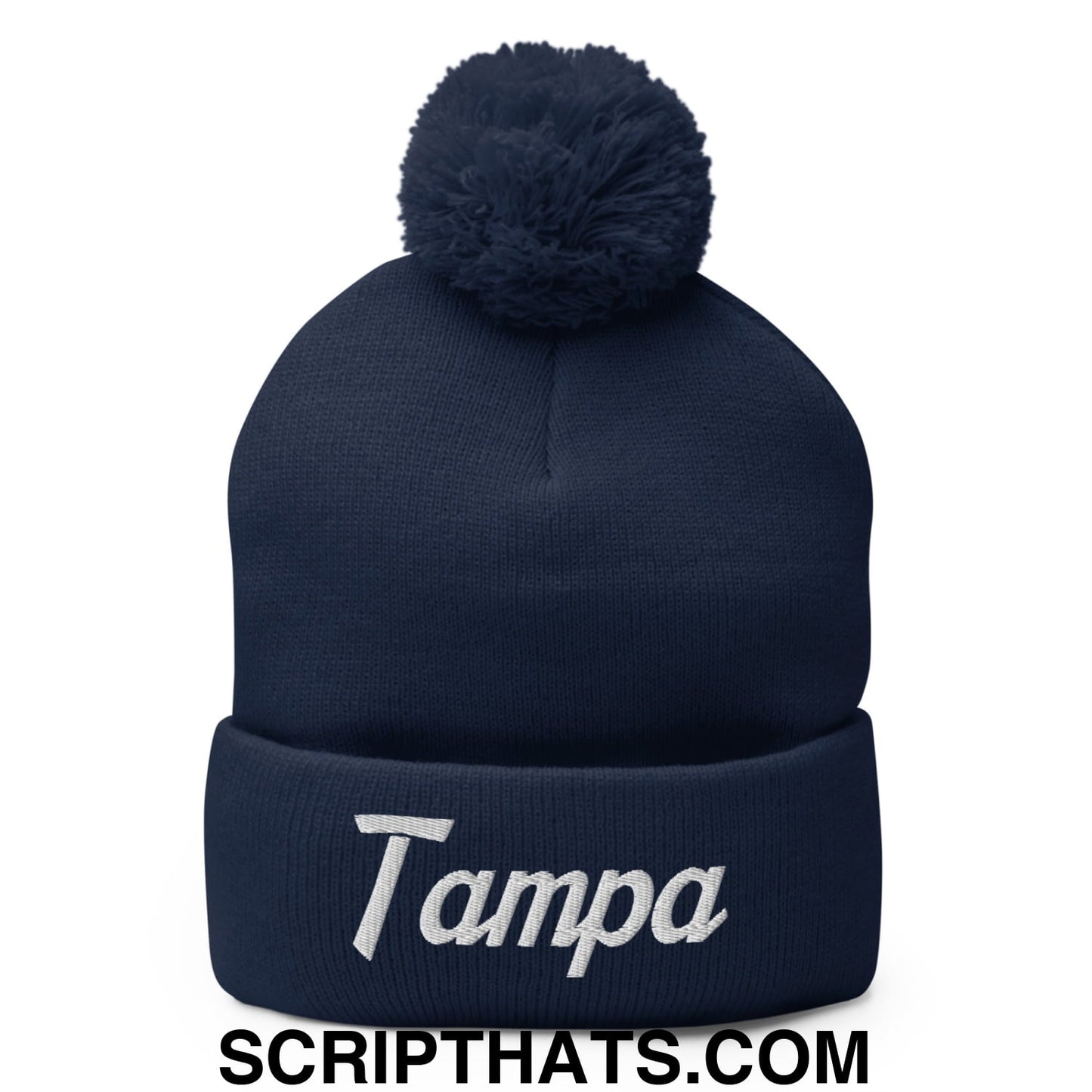 Tampa Vintage Sports Script Embroidered Knit Pom Pom Beanie Navy