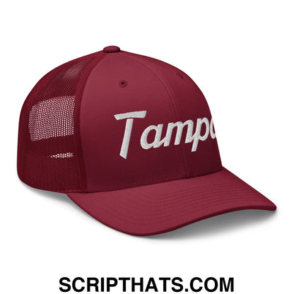 Tampa Vintage Sports Script Embroidered Mesh Trucker Hat Cranberry