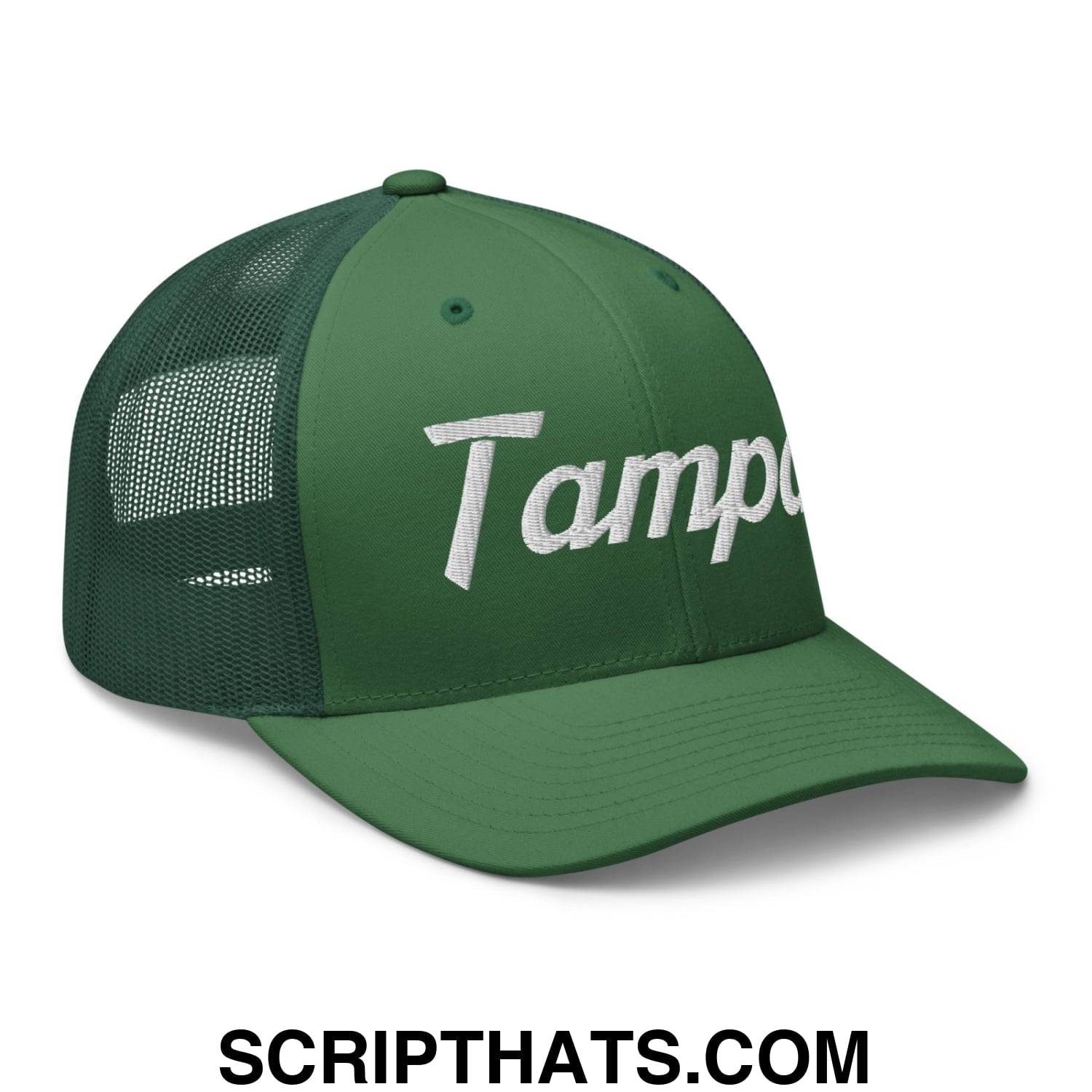 Tampa Vintage Sports Script Embroidered Mesh Trucker Hat Evergreen