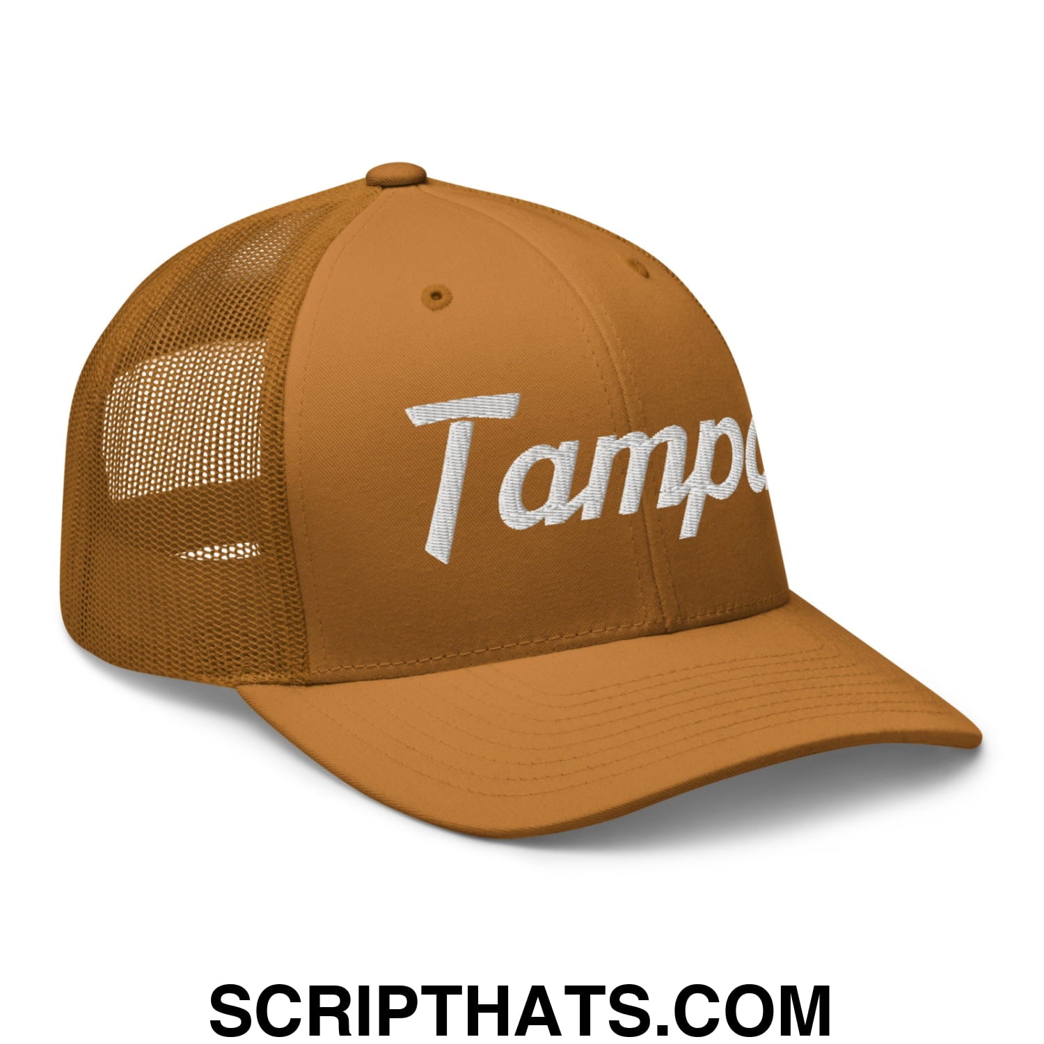 Tampa Vintage Sports Script Embroidered Mesh Trucker Hat Caramel