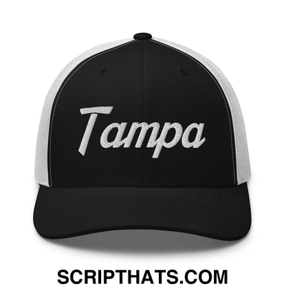 Tampa Vintage Sports Script Embroidered Mesh Trucker Hat Black White