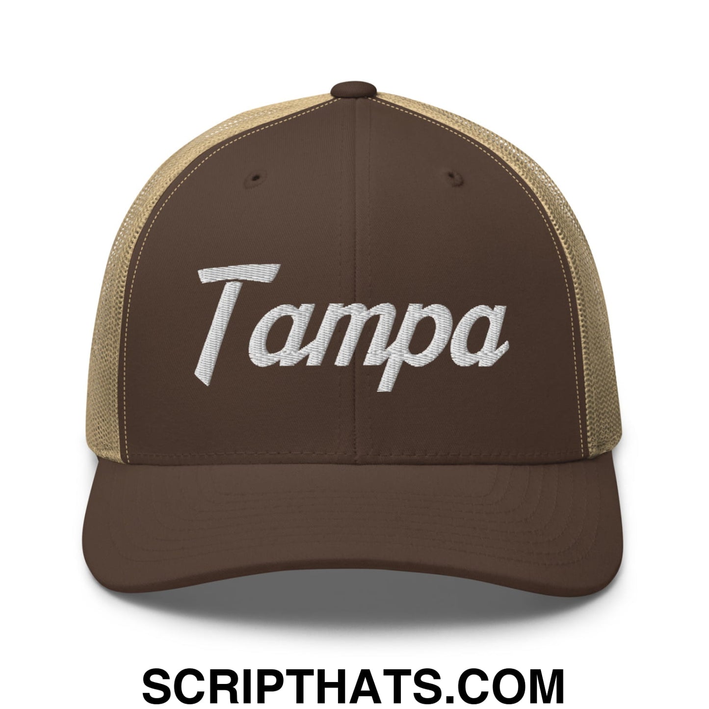 Tampa Vintage Sports Script Embroidered Mesh Trucker Hat Brown Khaki