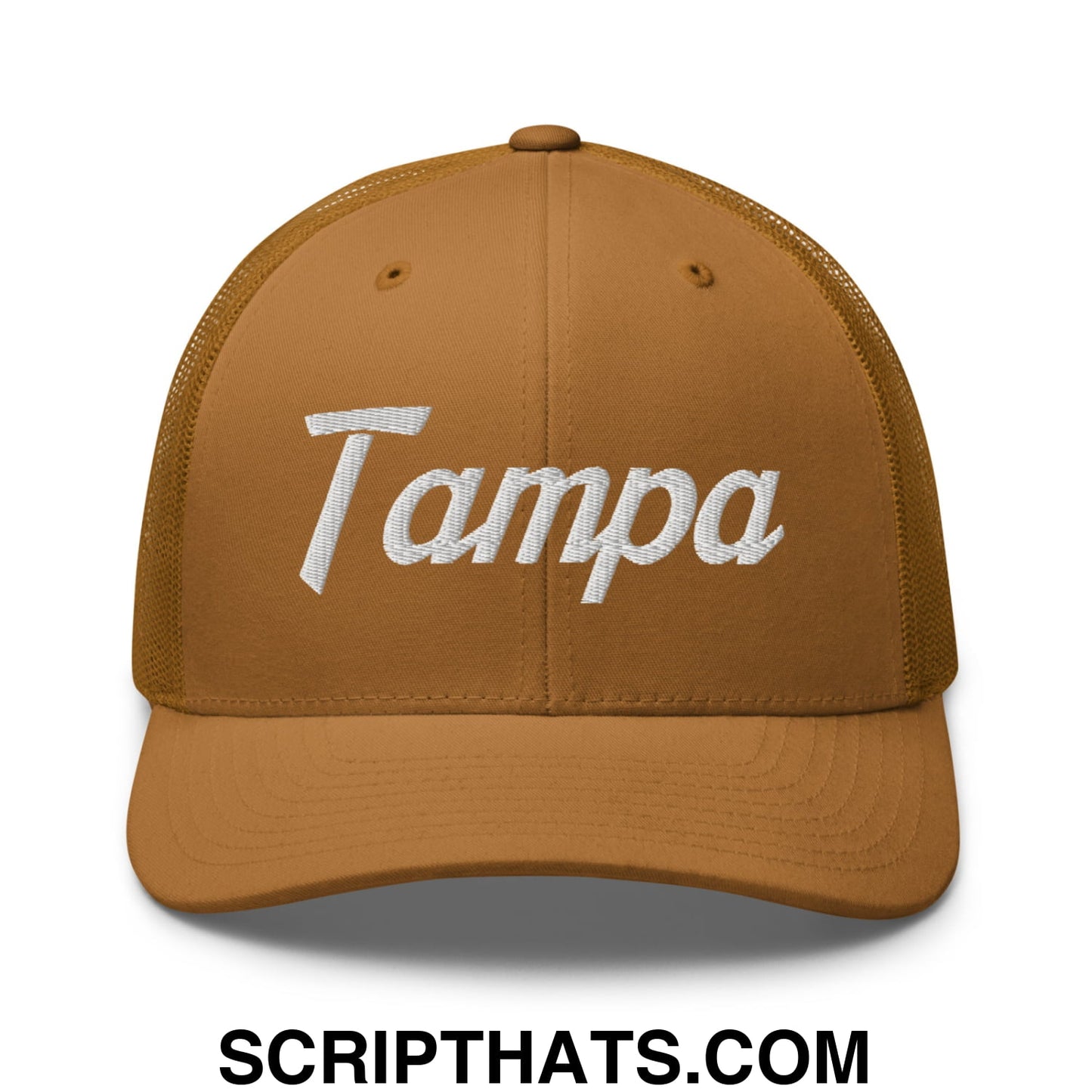 Tampa Vintage Sports Script Embroidered Mesh Trucker Hat Caramel