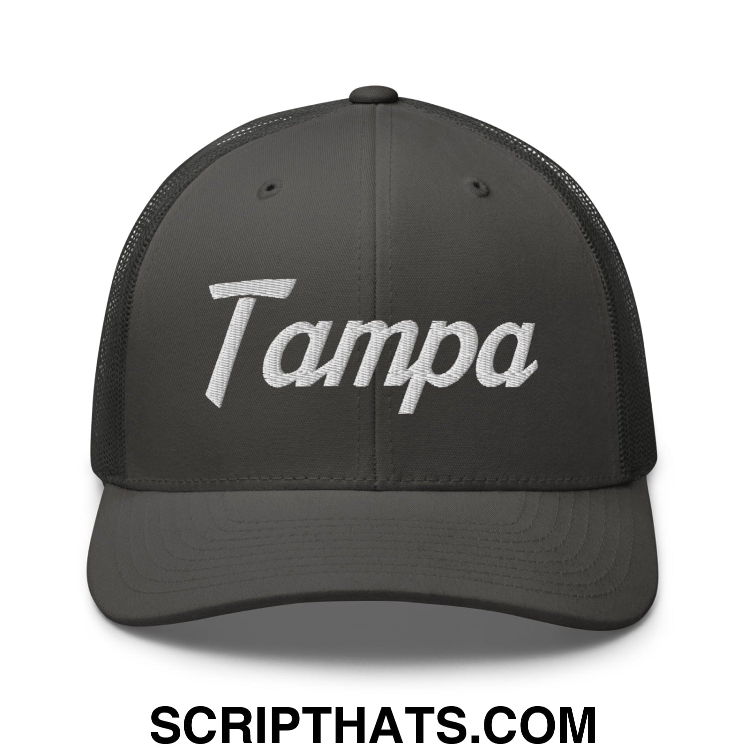 Tampa Vintage Sports Script Embroidered Mesh Trucker Hat Charcoal