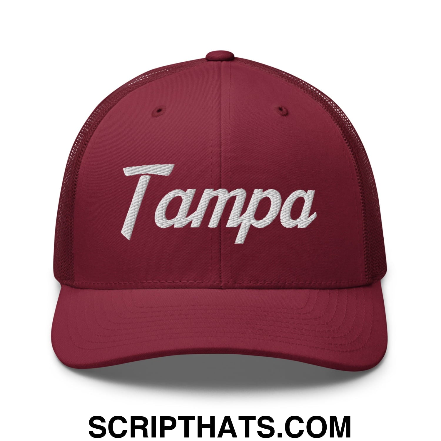 Tampa Vintage Sports Script Embroidered Mesh Trucker Hat Cranberry