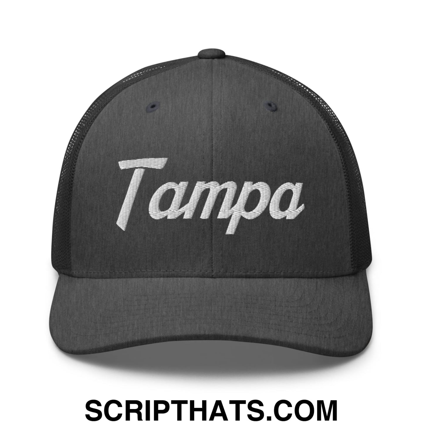 Tampa Vintage Sports Script Embroidered Mesh Trucker Hat Dark Heather Gray