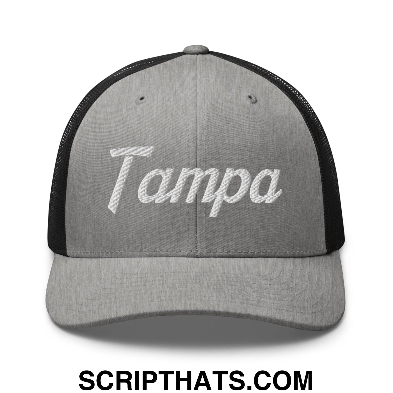 Tampa Vintage Sports Script Embroidered Mesh Trucker Hat Heather Black