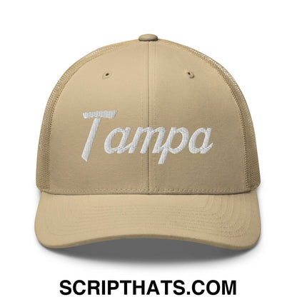 Tampa Vintage Sports Script Embroidered Mesh Trucker Hat Khaki
