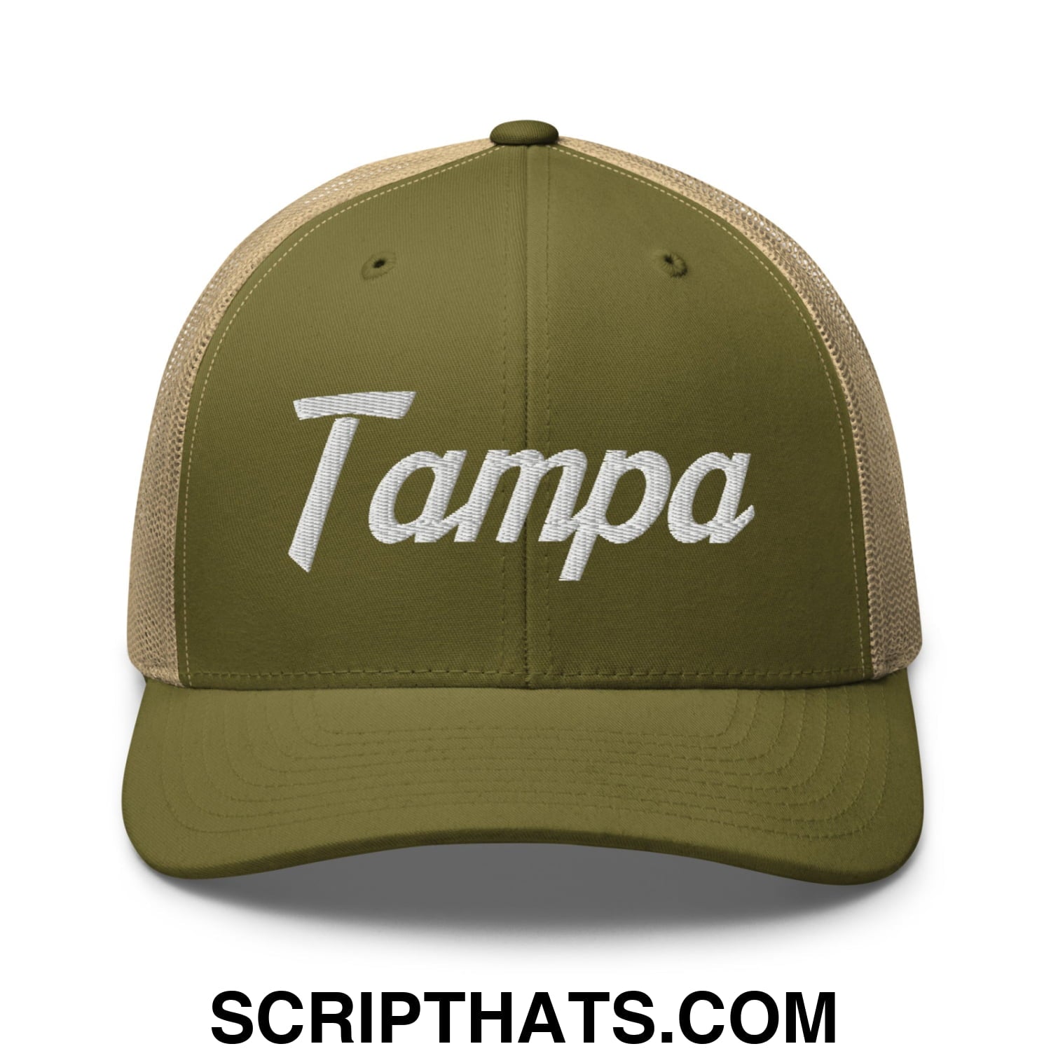 Tampa Vintage Sports Script Embroidered Mesh Trucker Hat Moss Khaki