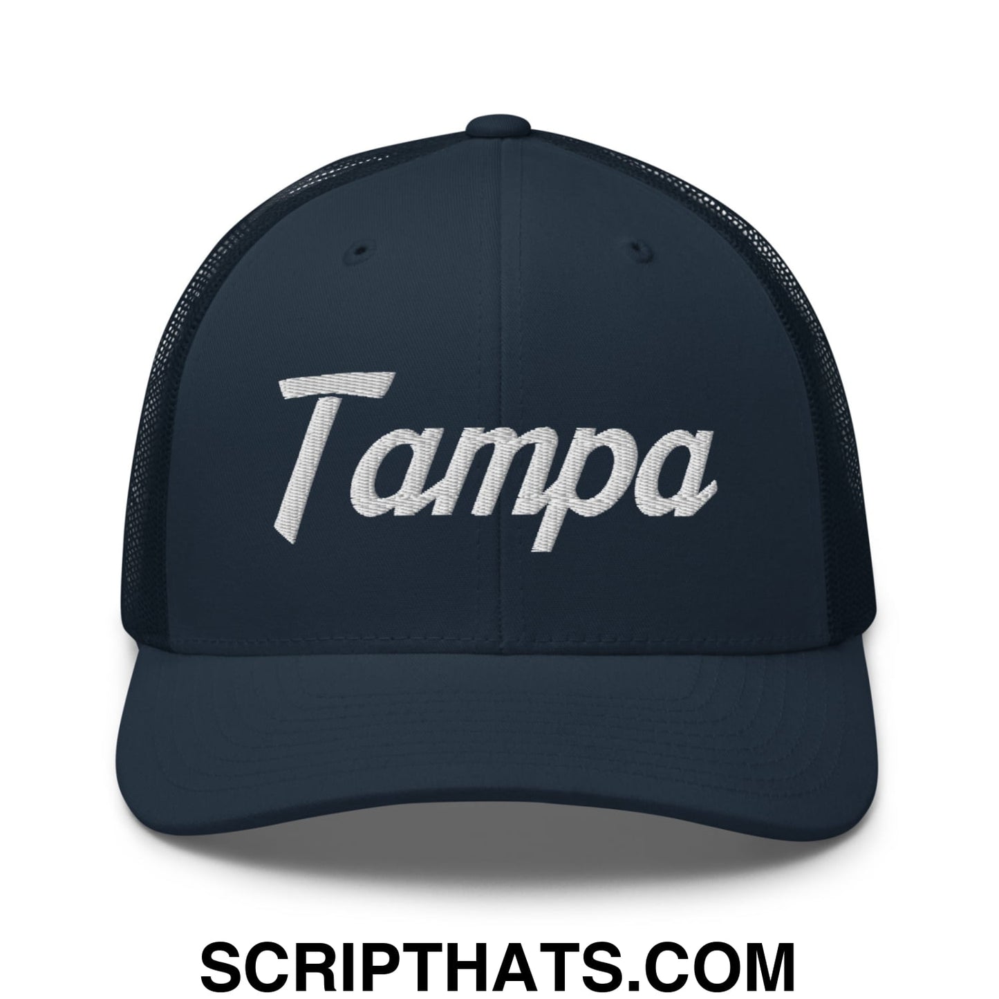 Tampa Vintage Sports Script Embroidered Mesh Trucker Hat Navy