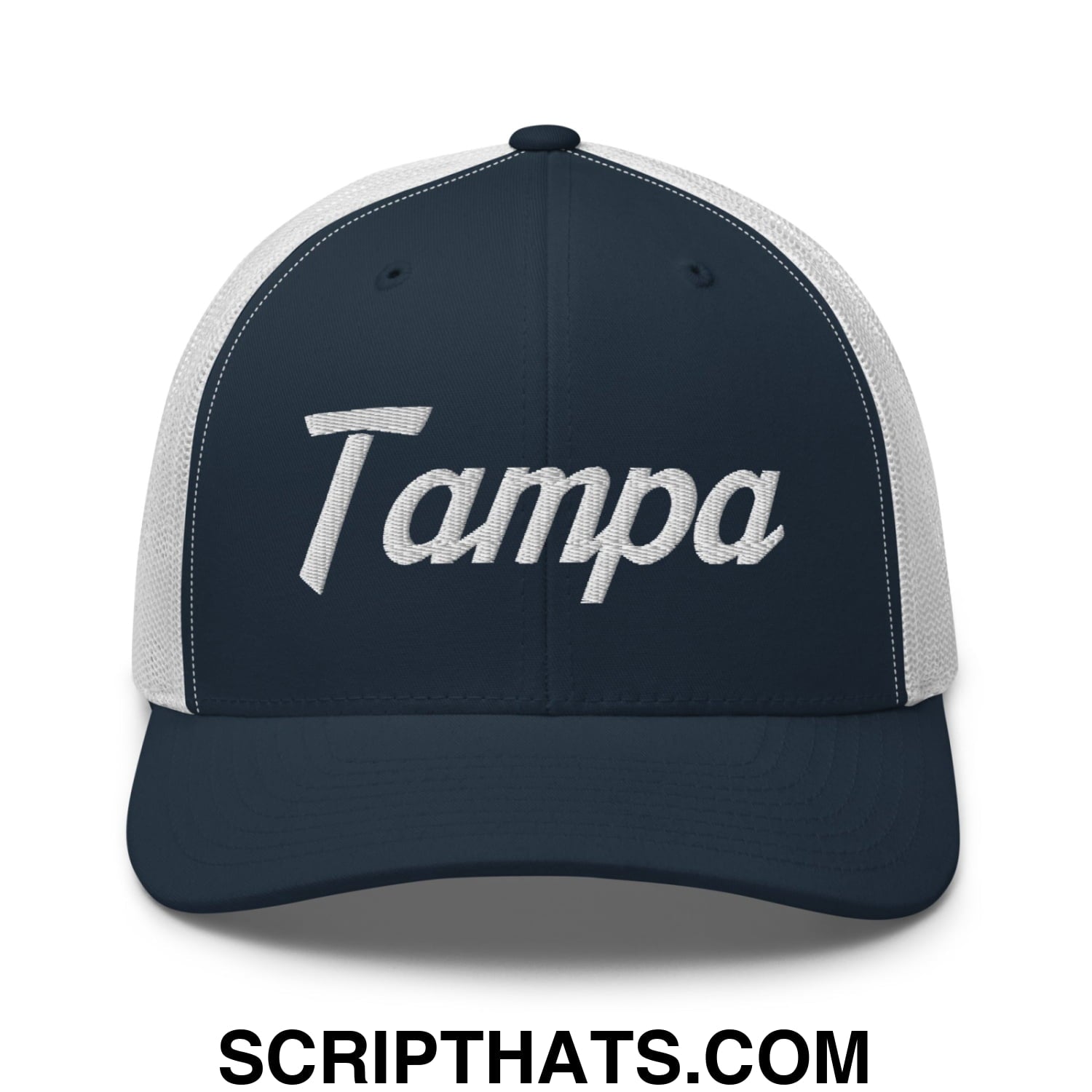 Tampa Vintage Sports Script Embroidered Mesh Trucker Hat Navy White