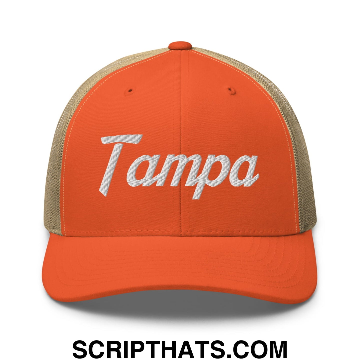 Tampa Vintage Sports Script Embroidered Mesh Trucker Hat Rustic Orange Khaki