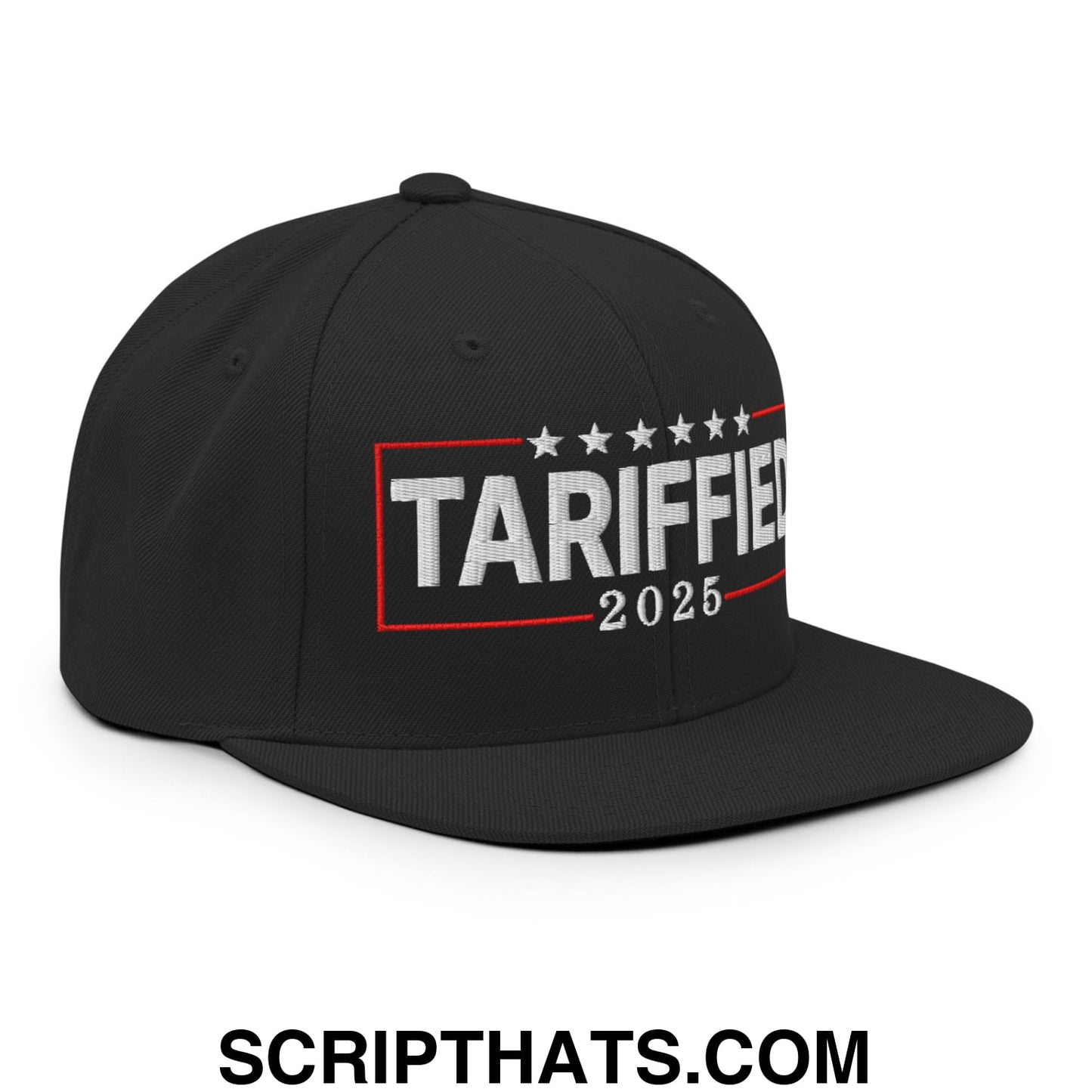 Tariffied 2025 Anti-Tariff Embroidered Flat Bill Brim Snapback Hat Black