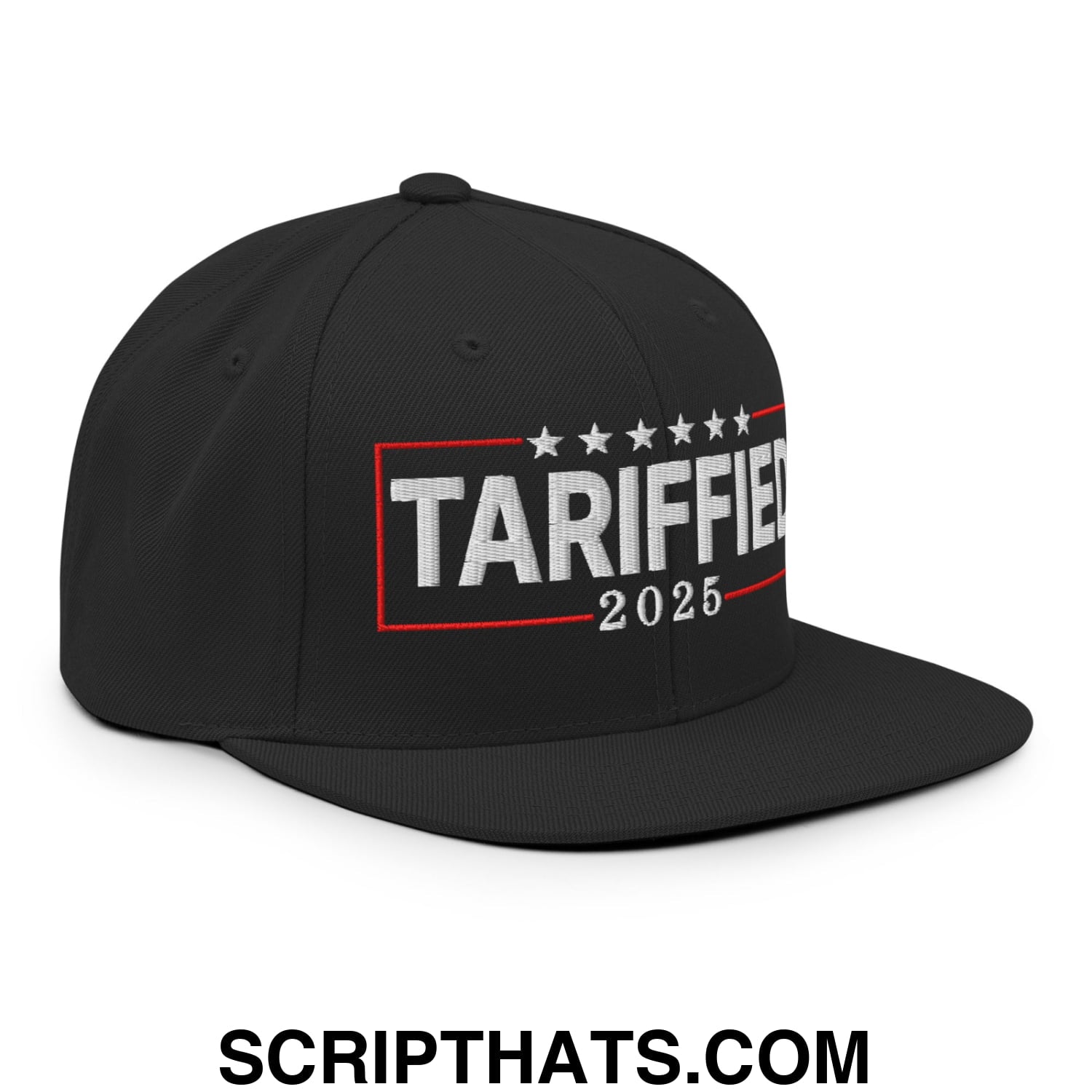Tariffied 2025 Anti-Tariff Embroidered Flat Bill Brim Snapback Hat Black