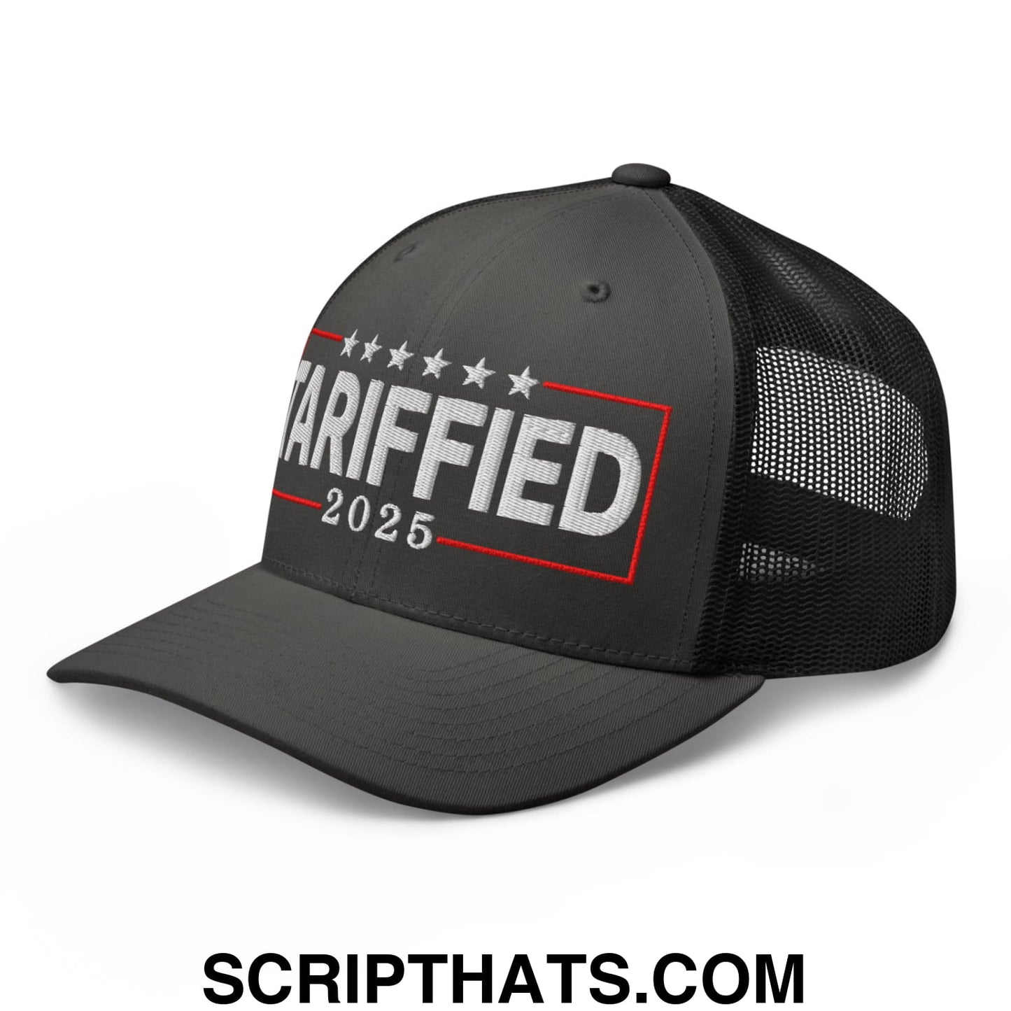 Tariffied 2025 Anti-Tariff Embroidered Mesh Trucker Hat Charcoal Black
