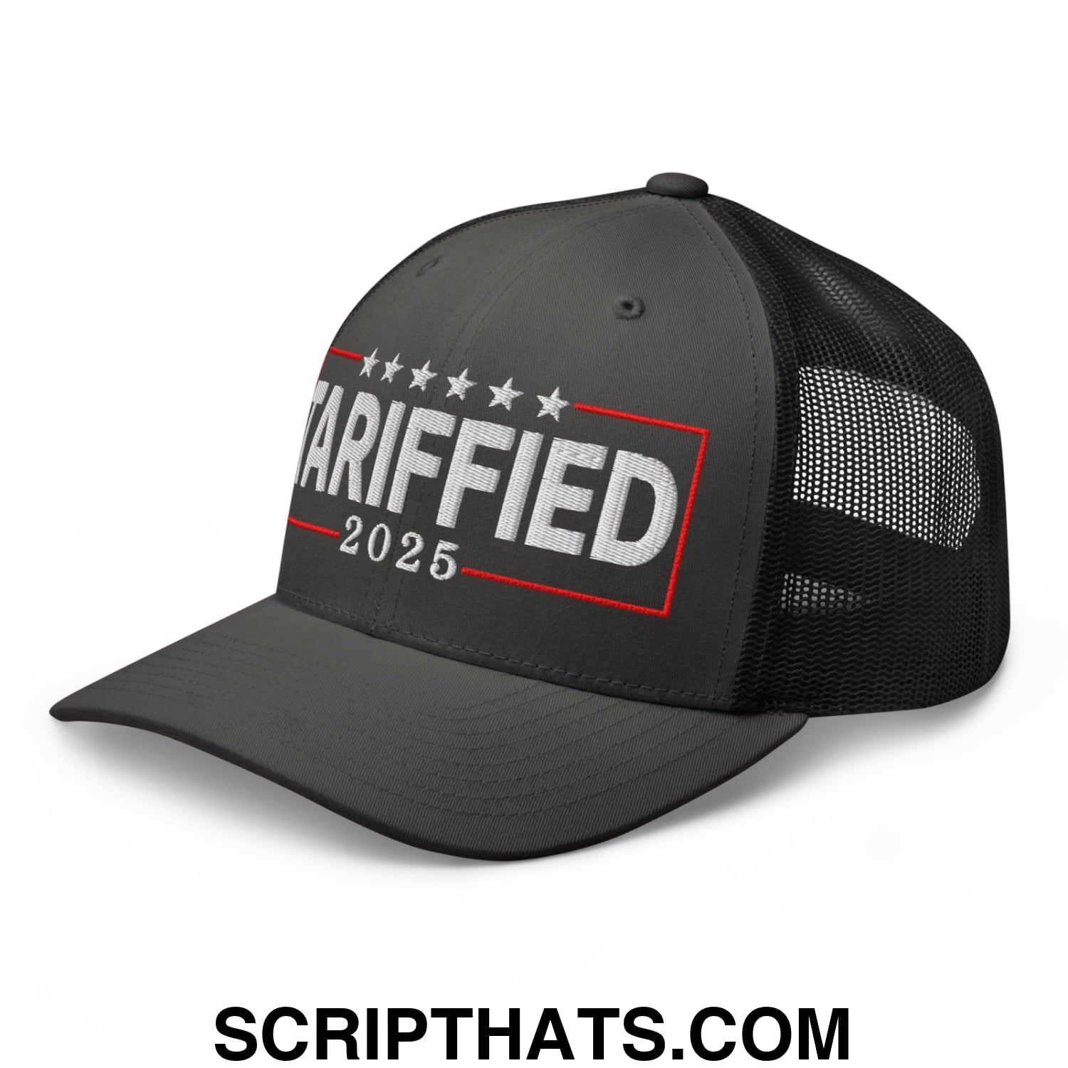 Tariffied 2025 Anti-Tariff Embroidered Mesh Trucker Hat Charcoal Black