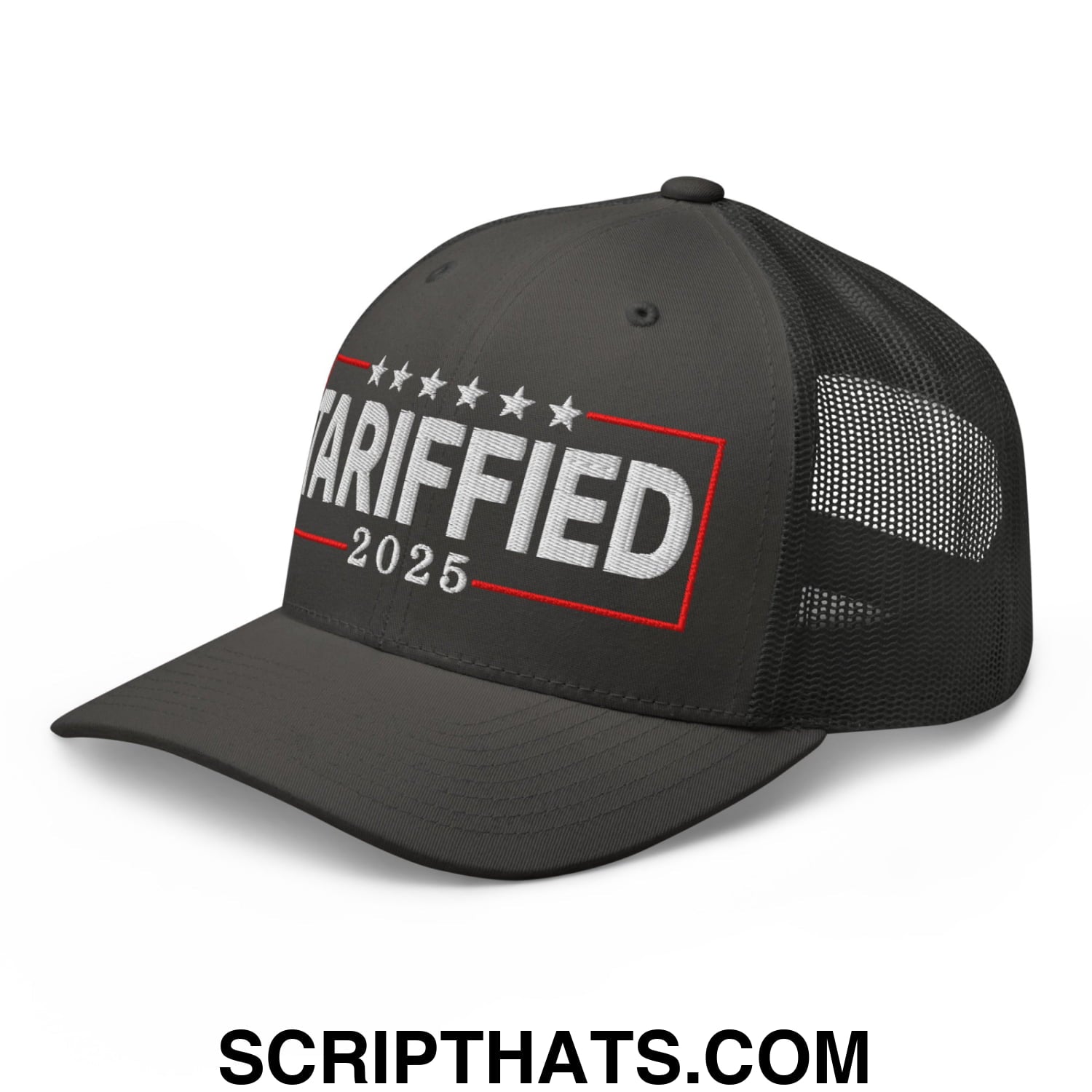 Tariffied 2025 Anti-Tariff Embroidered Mesh Trucker Hat Charcoal