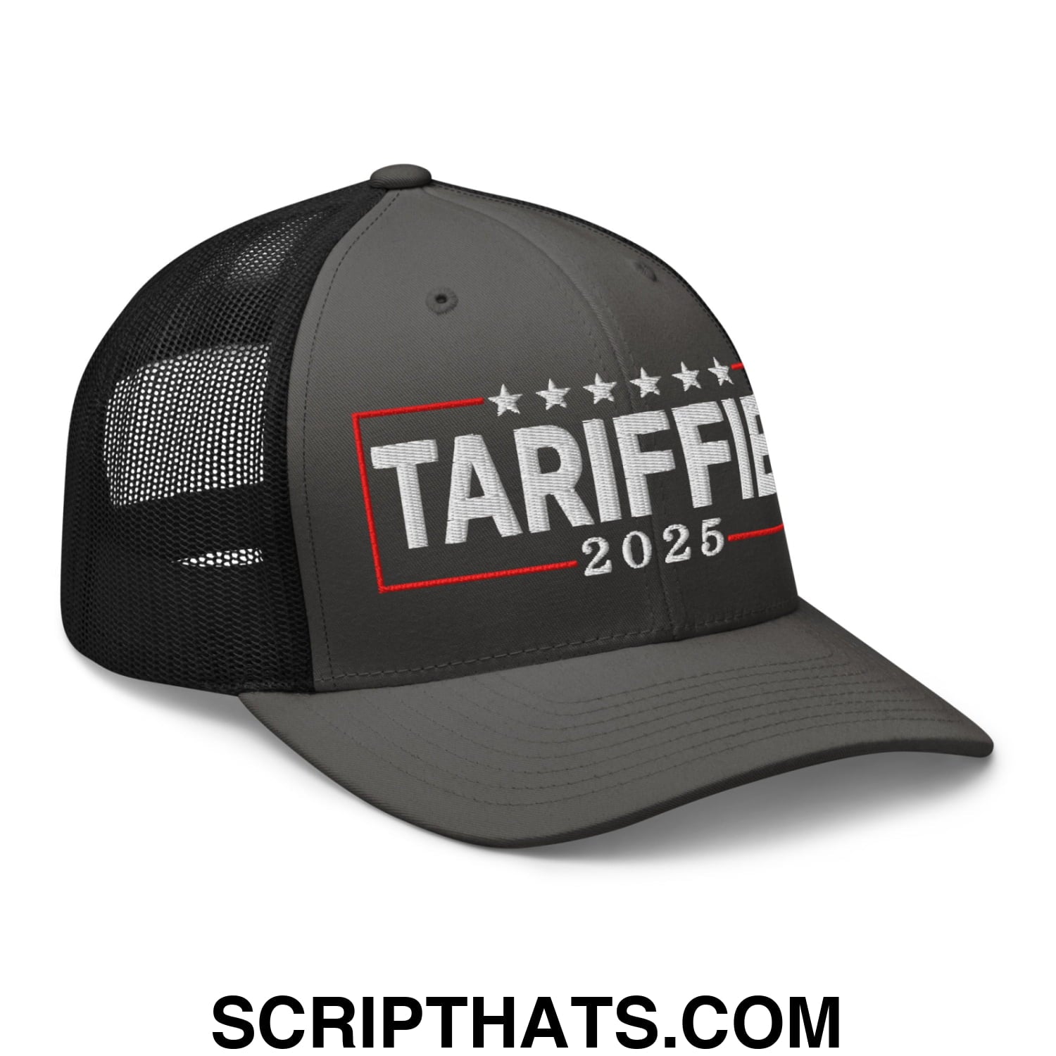 Tariffied 2025 Anti-Tariff Embroidered Mesh Trucker Hat Charcoal Black