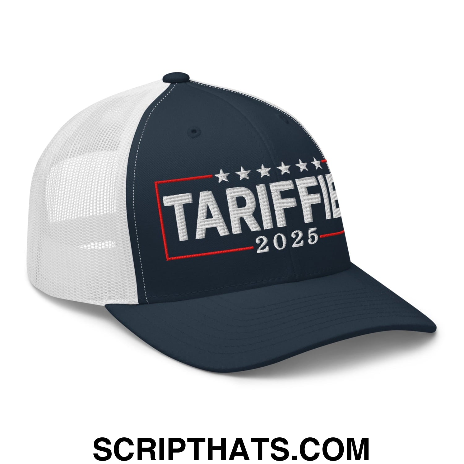 Tariffied 2025 Anti-Tariff Embroidered Mesh Trucker Hat Navy White