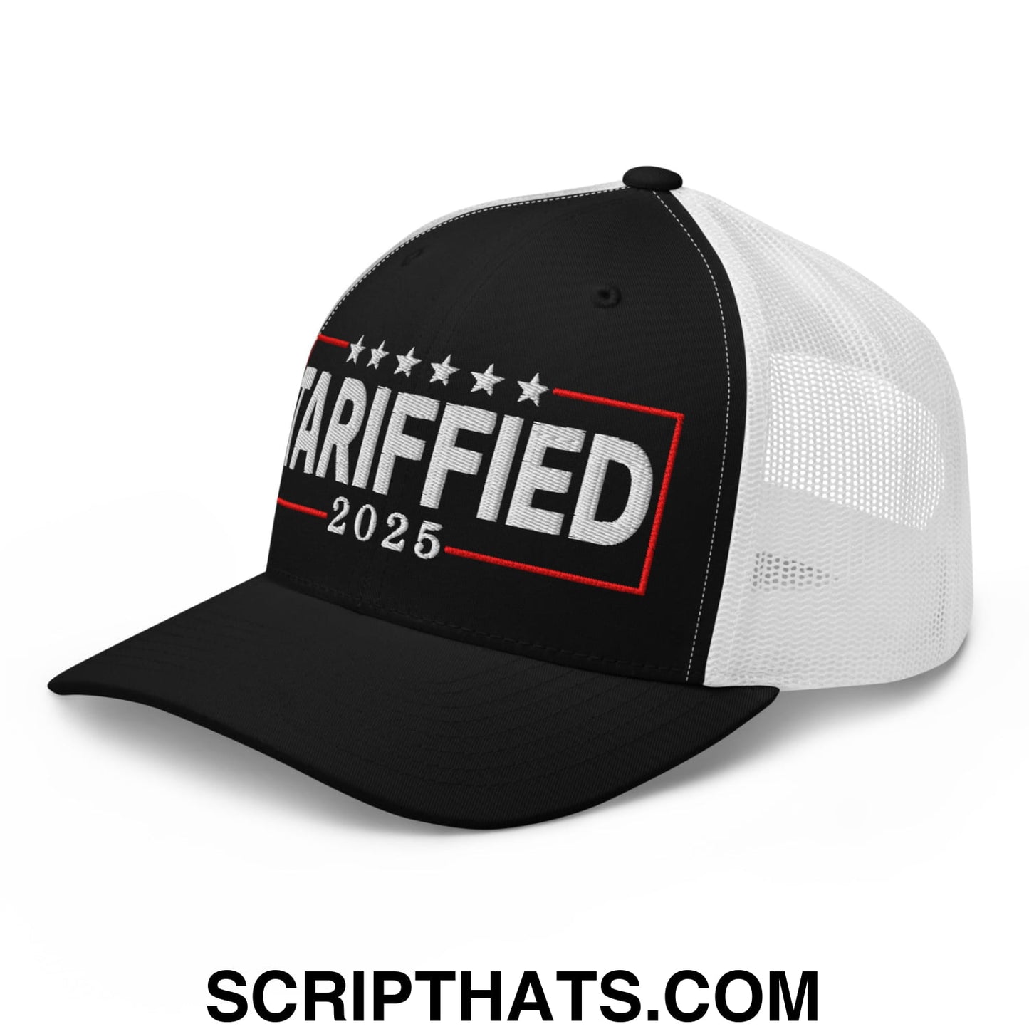Tariffied 2025 Anti-Tariff Embroidered Mesh Trucker Hat Black White