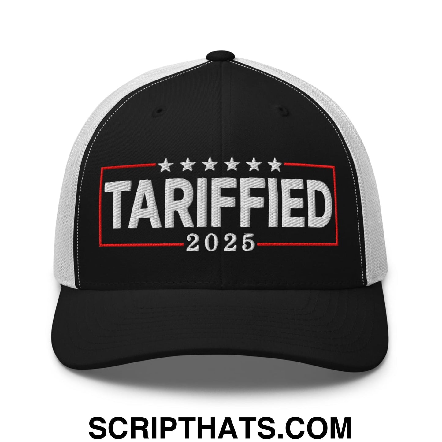 Tariffied 2025 Anti-Tariff Embroidered Mesh Trucker Hat Black White