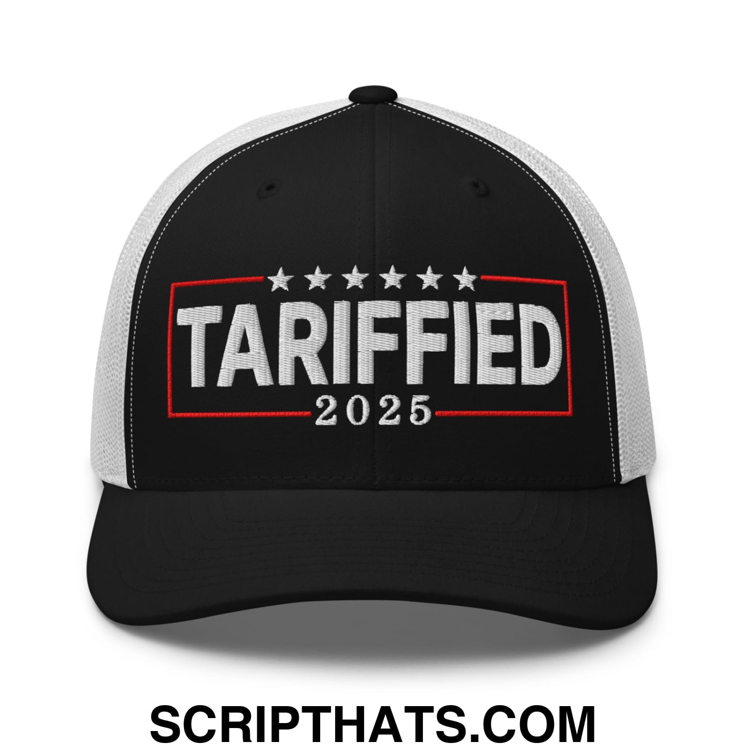 Tariffied 2025 Anti-Tariff Embroidered Mesh Trucker Hat Black White