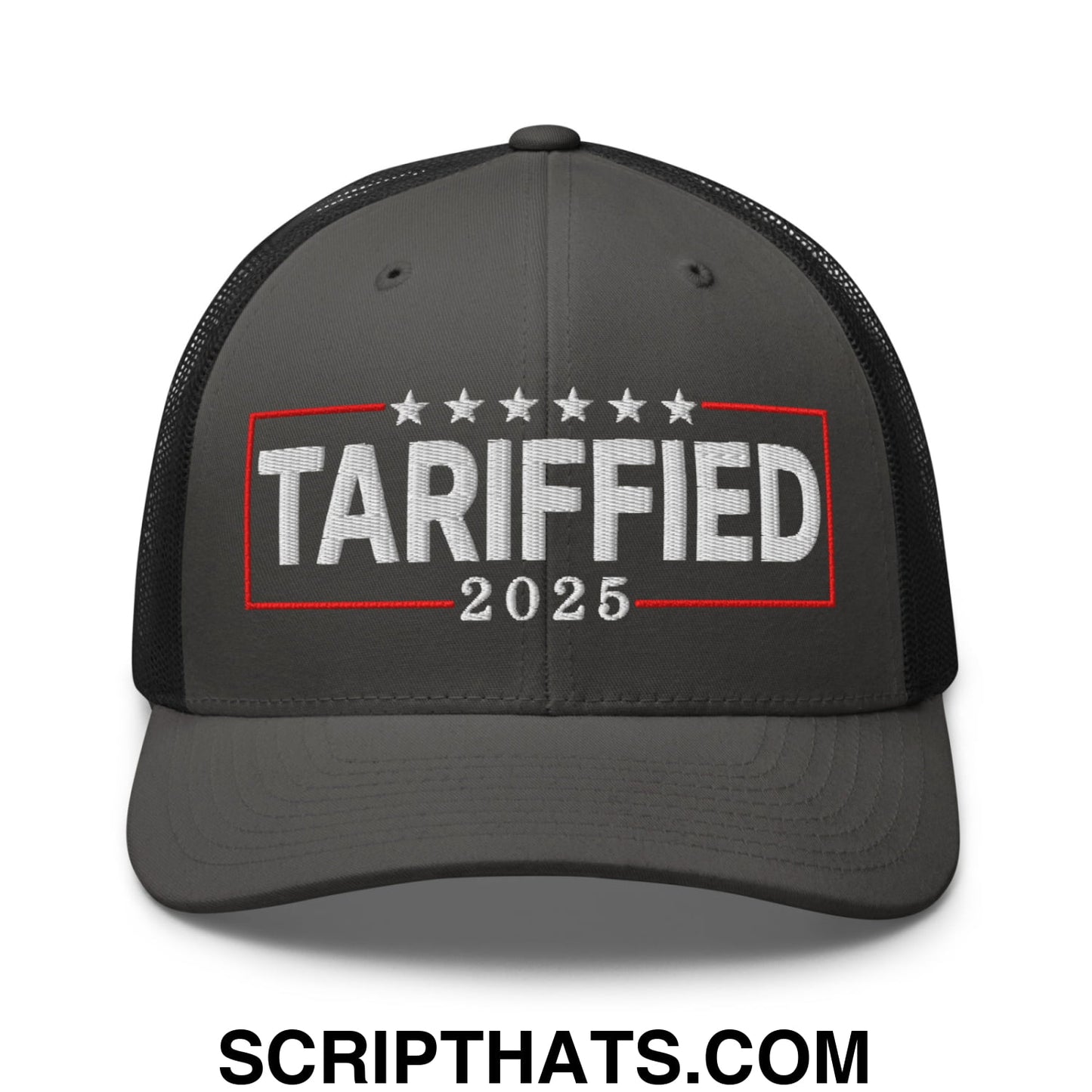 Tariffied 2025 Anti-Tariff Embroidered Mesh Trucker Hat Charcoal Black