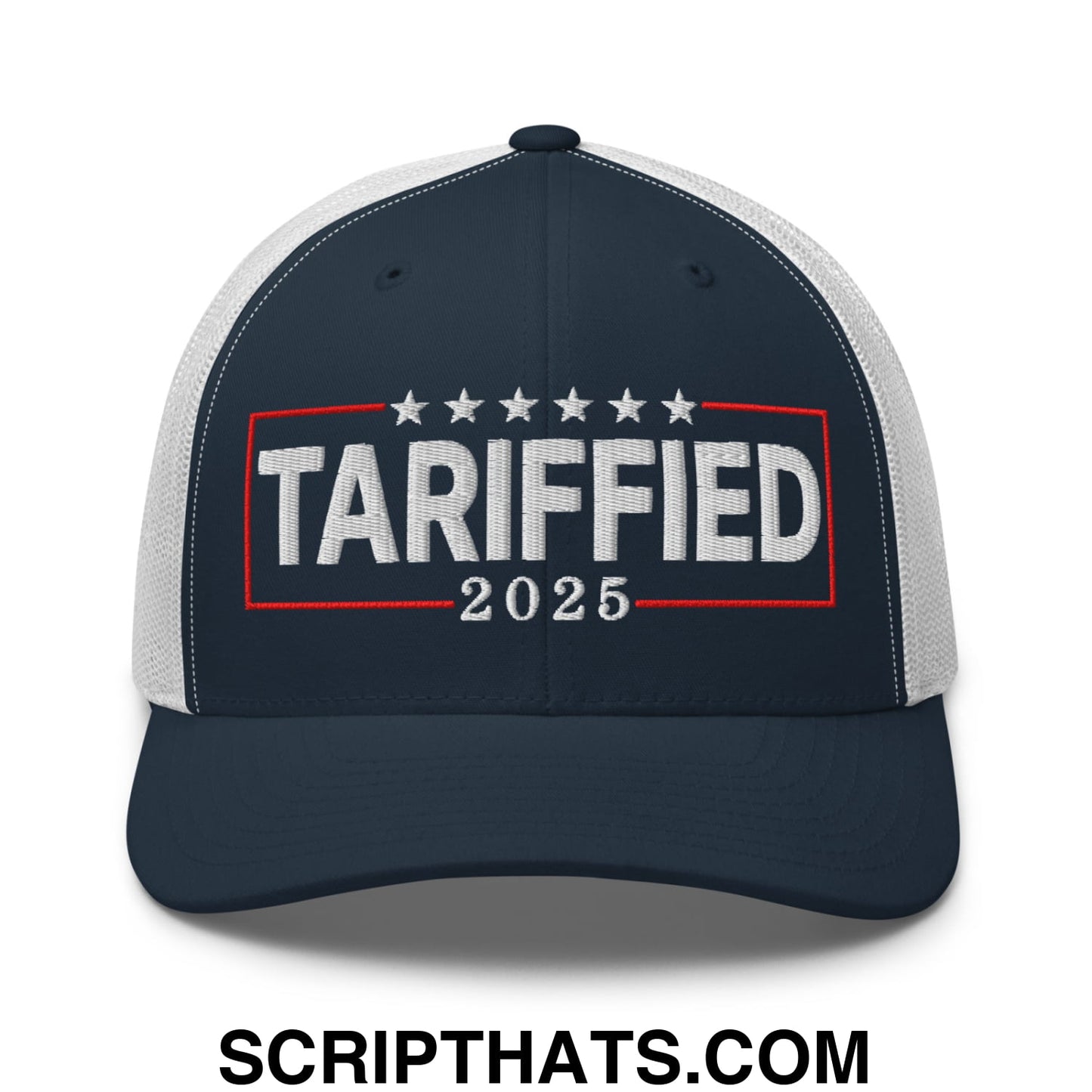 Tariffied 2025 Anti-Tariff Embroidered Mesh Trucker Hat Navy White