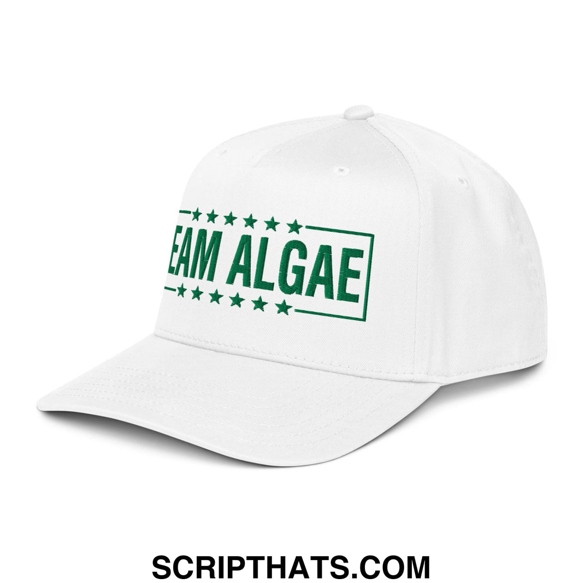 White baseball snapback hat with green team algae text and star border embroidered for lincoln memorial pool