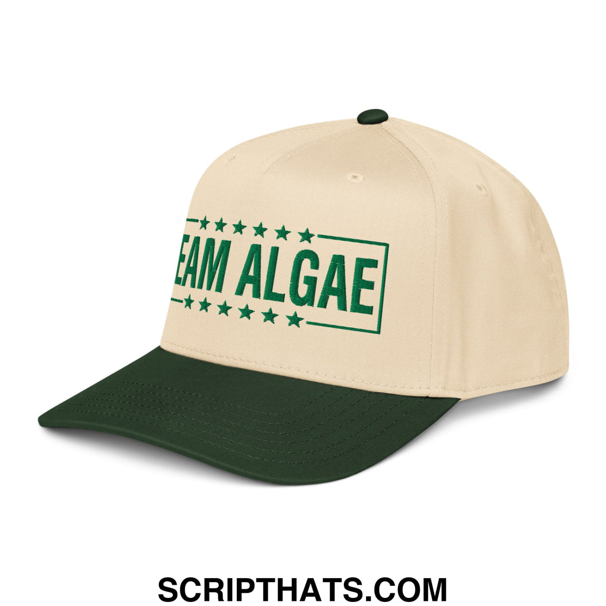 Beige and dark green team algae embroidered baseball snapback hat with bold green lettering and stars