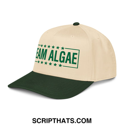 Beige and dark green team algae embroidered baseball snapback hat with bold green lettering and stars