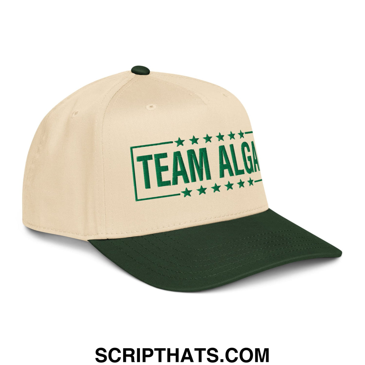 Beige and dark green baseball snapback hat with team alga green lettering and star frame embroidered on front panel