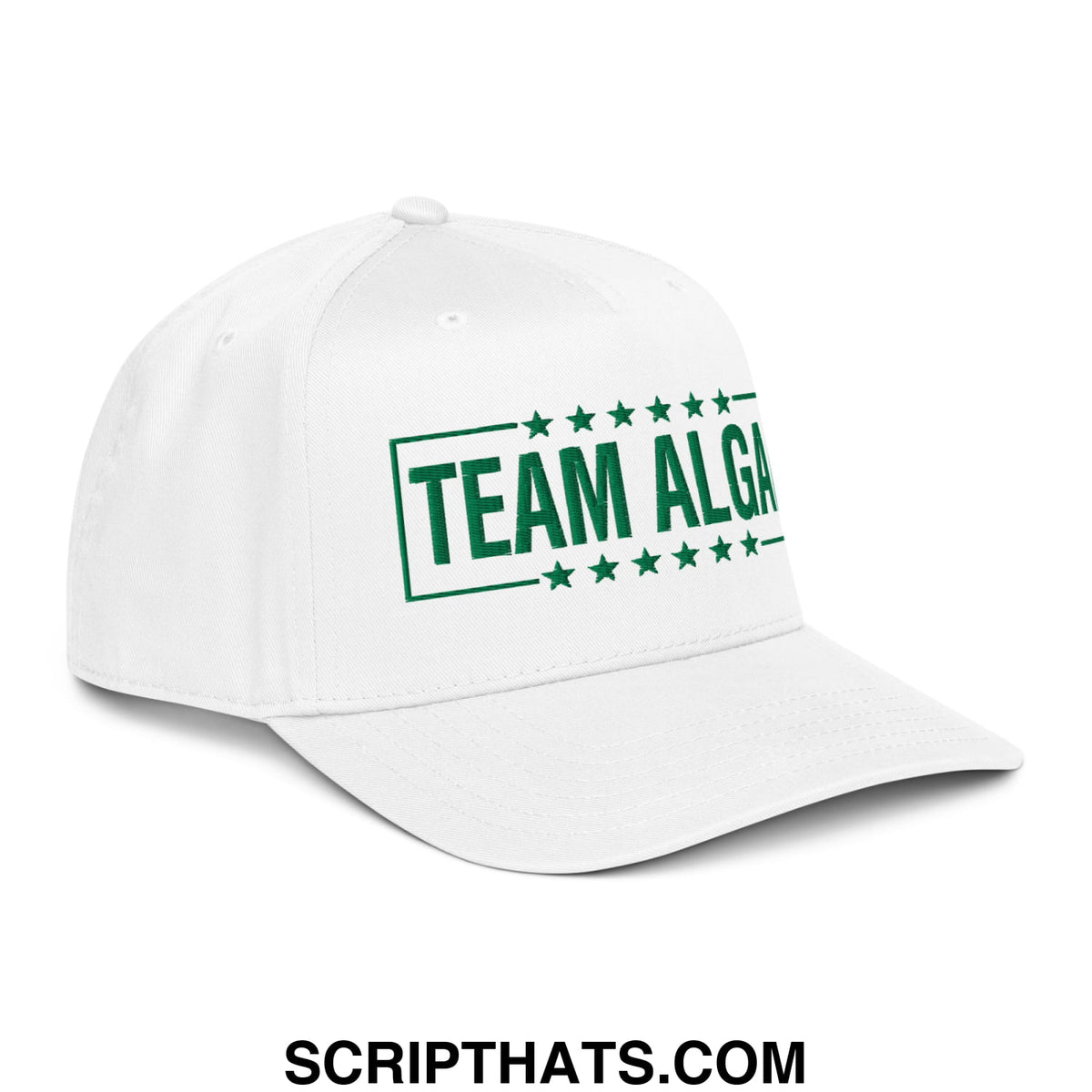 White baseball snapback hat with green team alga text and star border embroidery inspired by Lincoln Memorial pool algae
