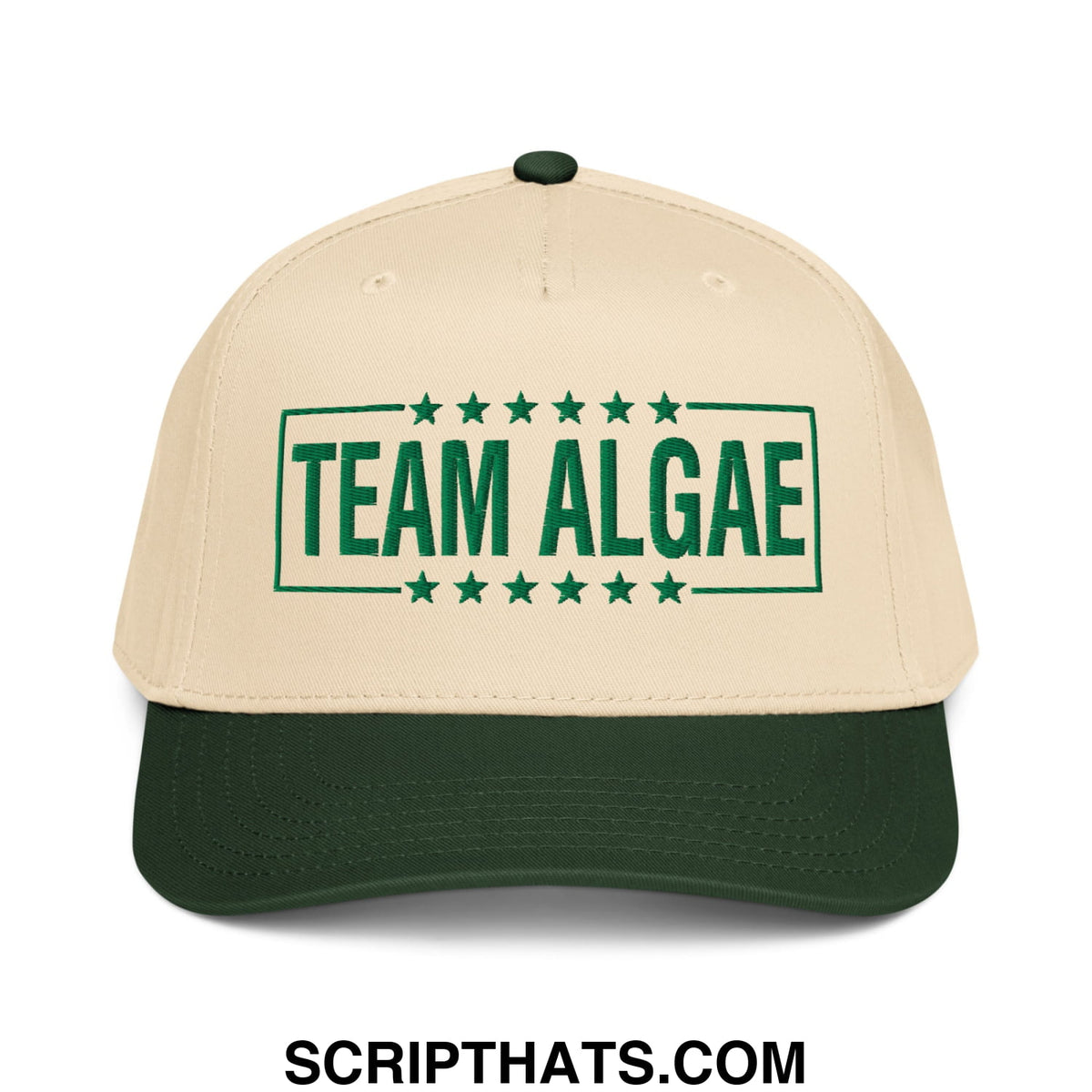 Beige and dark green baseball snapback hat with team algae embroidered in bold green letters framed by stars