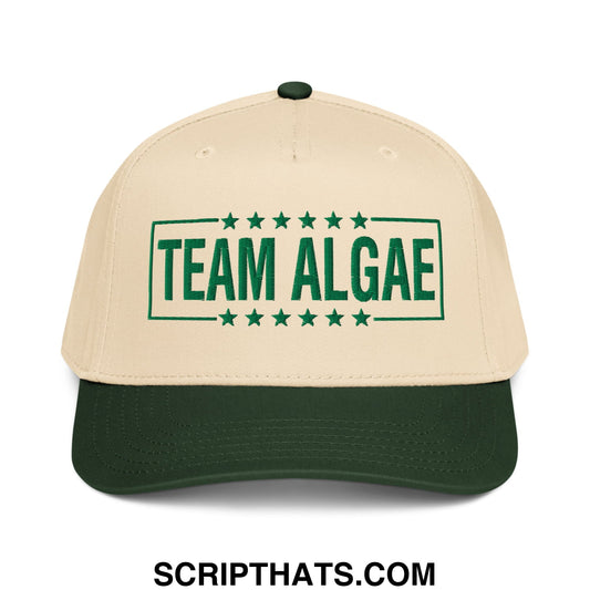 Beige and dark green baseball snapback hat with team algae embroidered in bold green letters framed by stars