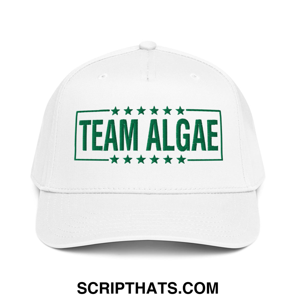 White baseball snapback hat with green embroidered team algae text framed by stars inspired by lincoln memorial