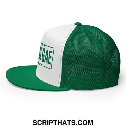 Green and white mesh trucker hat with algae embroidery and star-bordered rectangular logo on front panel