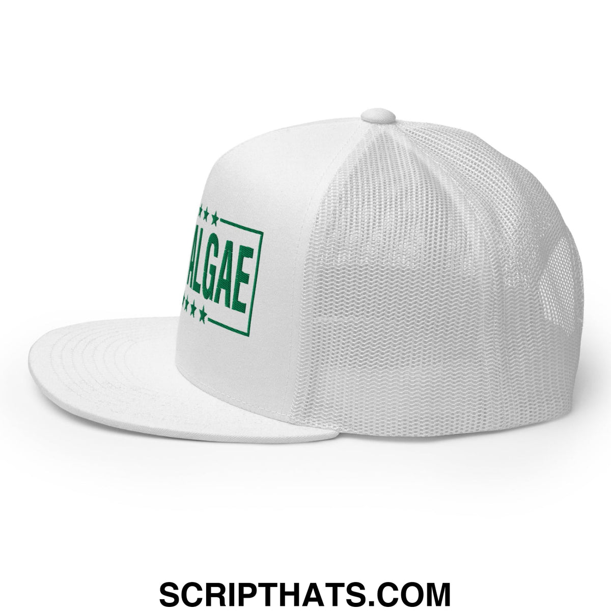 White mesh trucker hat with flat bill brim featuring green algae logo and stars from Team Algae collection
