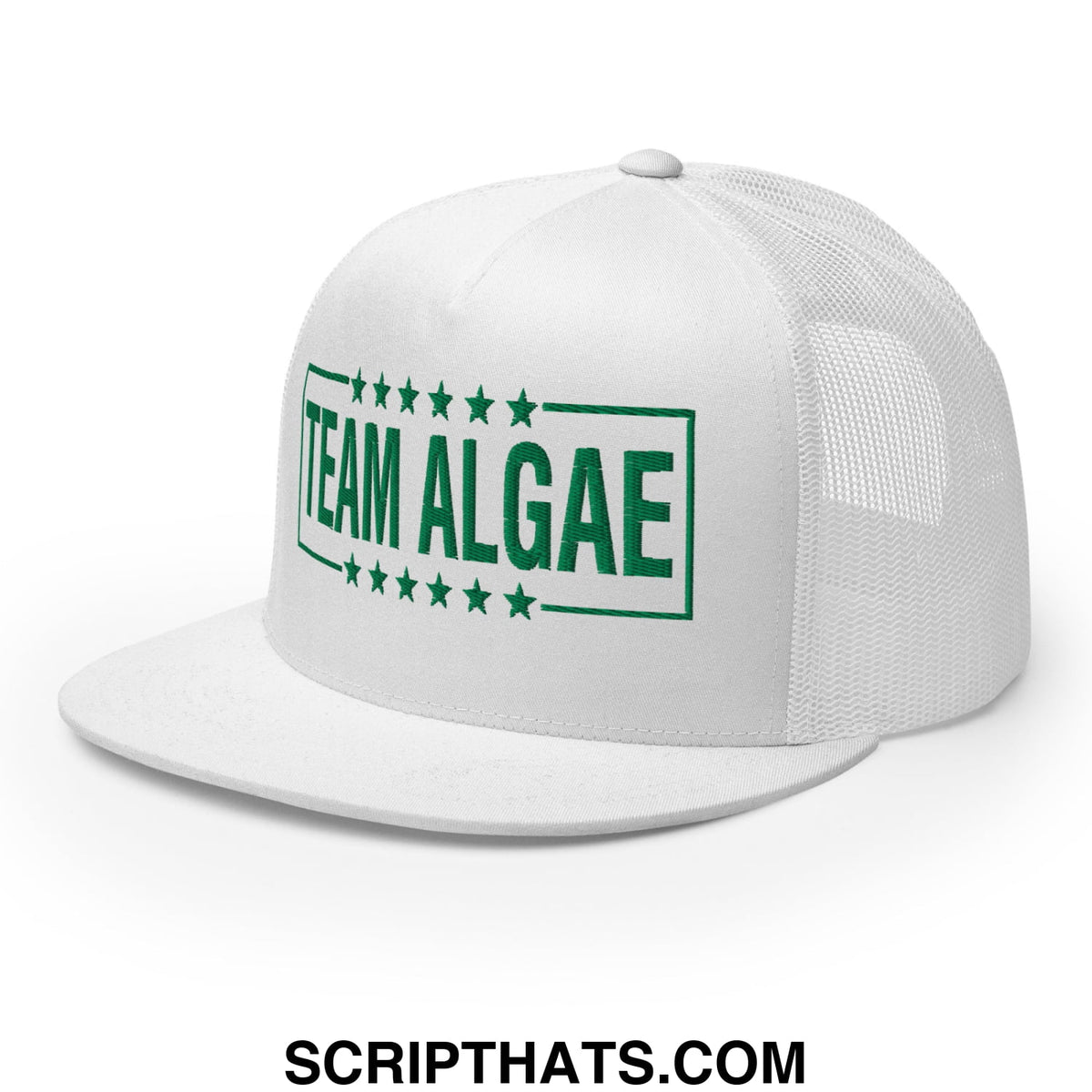 White mesh trucker hat with green embroidered team algae logo and stars on a flat bill brim design