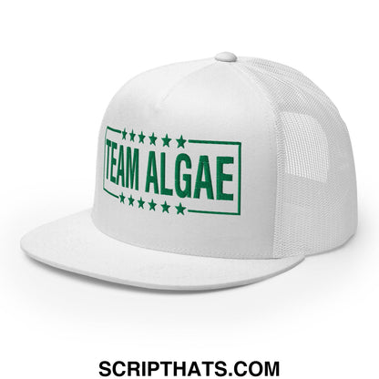 White mesh trucker hat with green embroidered team algae logo and stars on a flat bill brim design