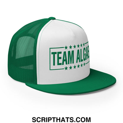 Green and white mesh trucker hat with team algae embroidered in green and stars on front panel flat bill brim