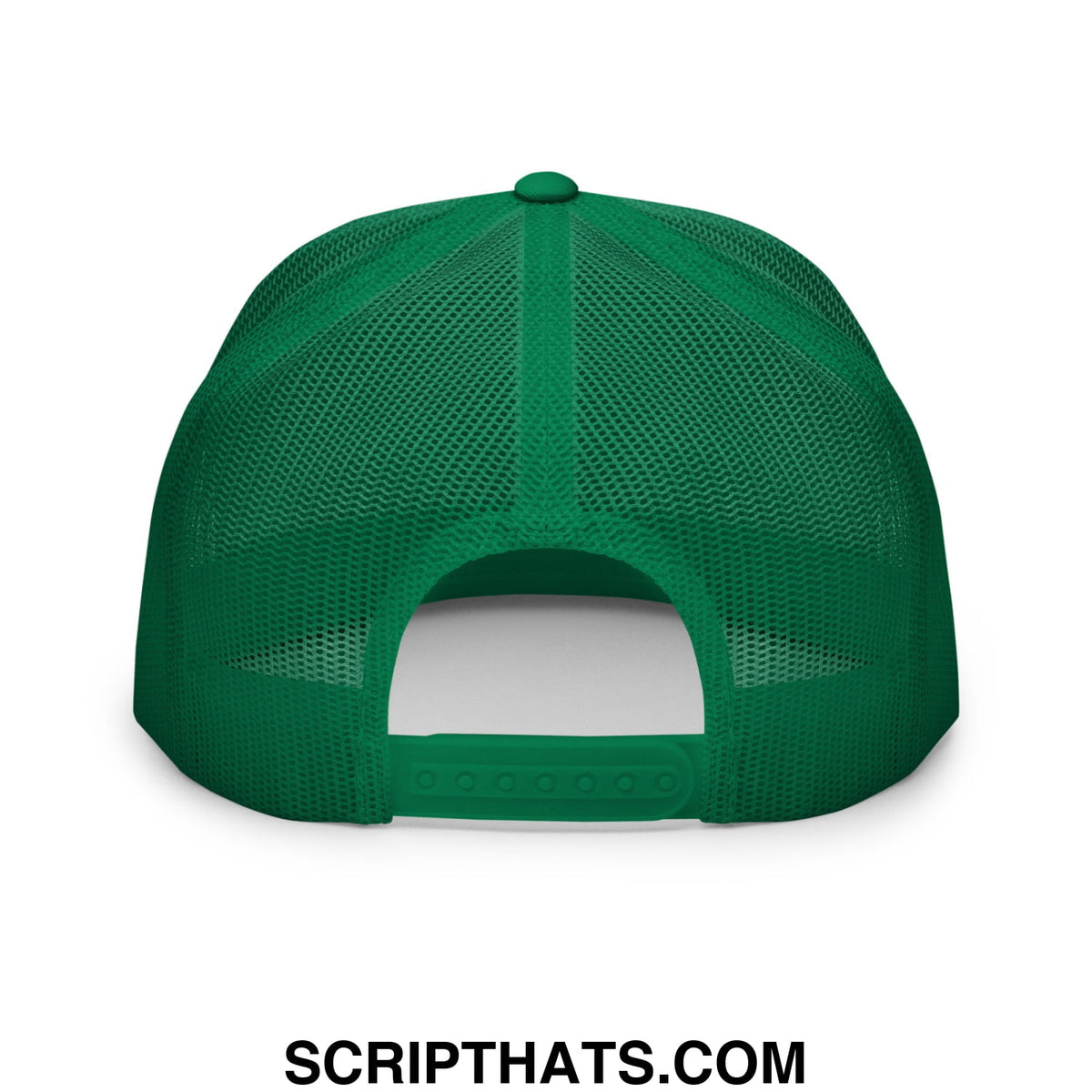 Green mesh trucker hat with solid green fabric back panel and adjustable strap from team algae collection