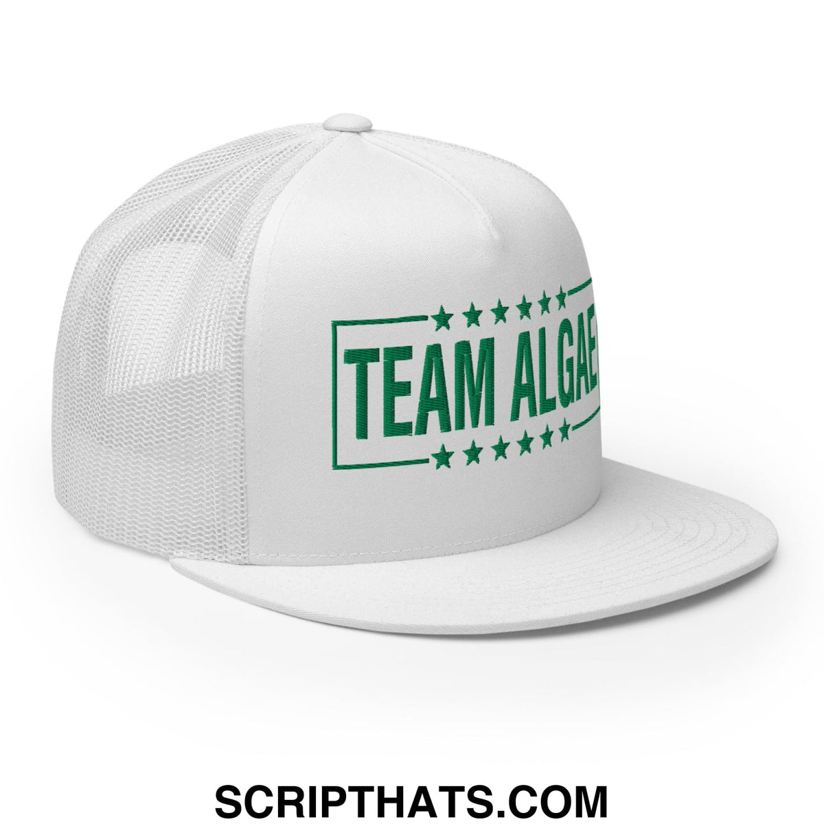White mesh trucker snapback hat with green team algae logo and stars embroidered on front panel