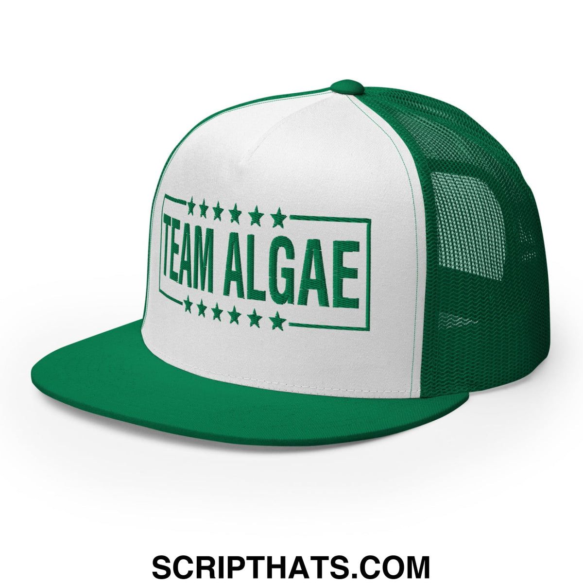 Green and white mesh trucker hat with team algae embroidered in bold green letters framed by stars
