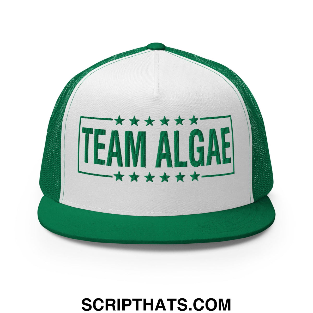 Green and white mesh trucker hat with team algae embroidered in bold green letters and star accents on the front