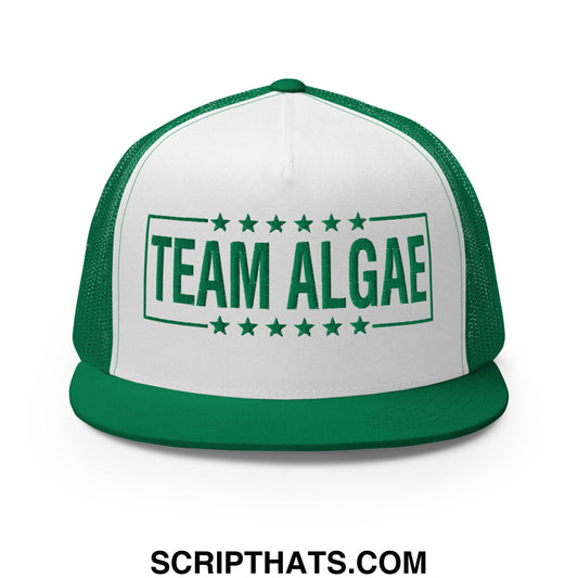 Green and white mesh trucker hat with team algae embroidered in bold green letters and star accents on the front