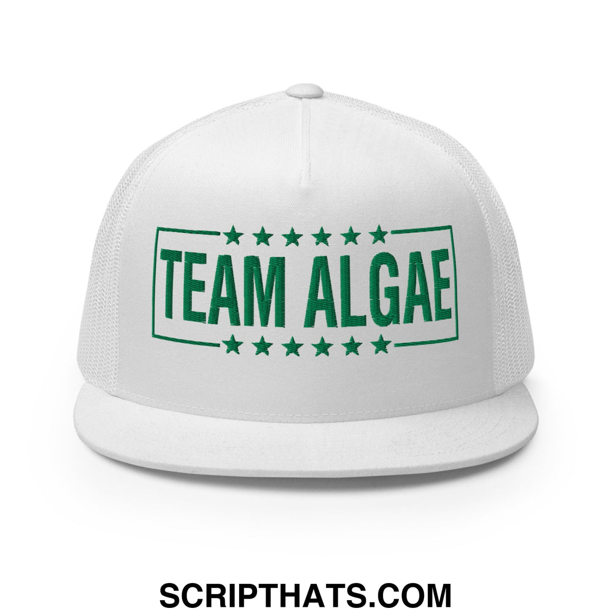 White snapback mesh trucker hat with green team algae embroidery and star frame inspired by Lincoln Memorial pool